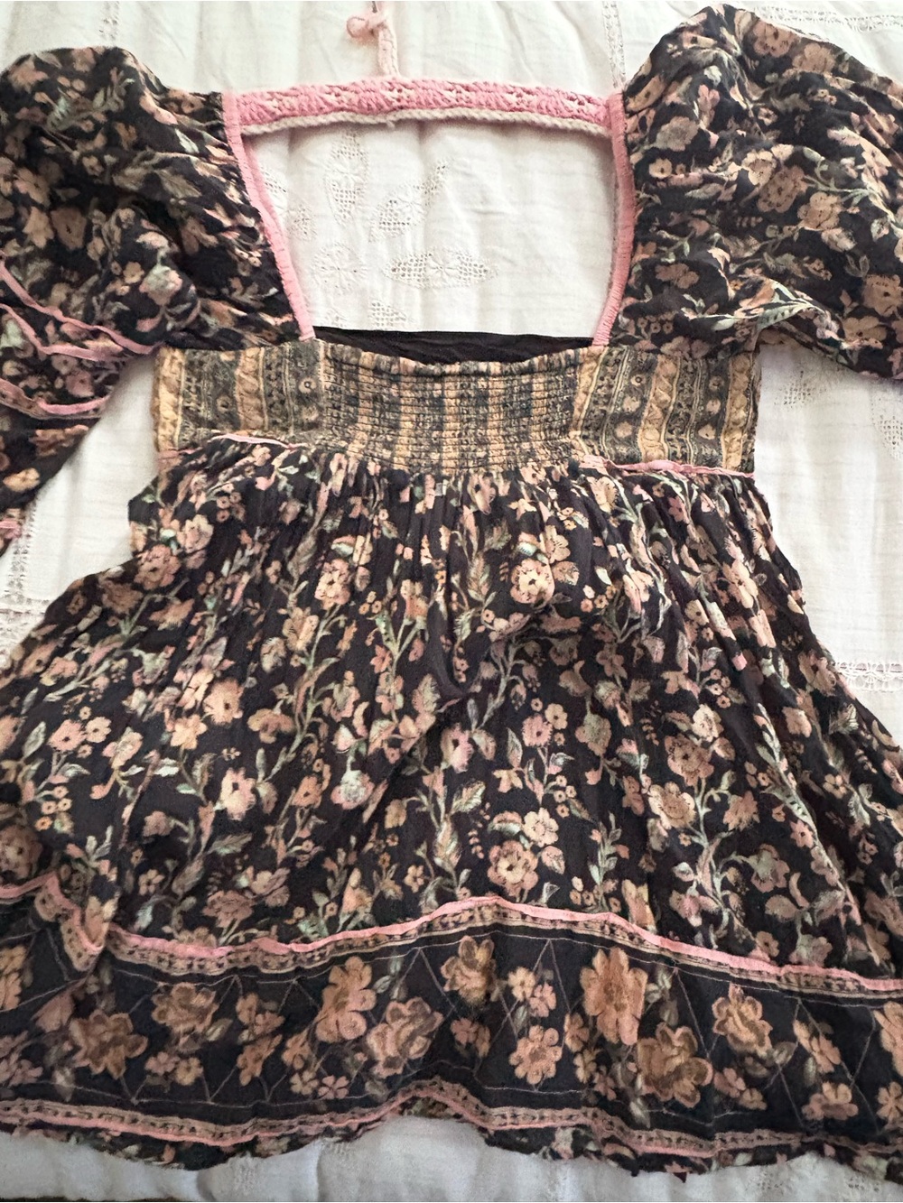 Free People Black Floral Peasant Tunic with Pink Trim 100% Cotton Small - Picture 5 of 9